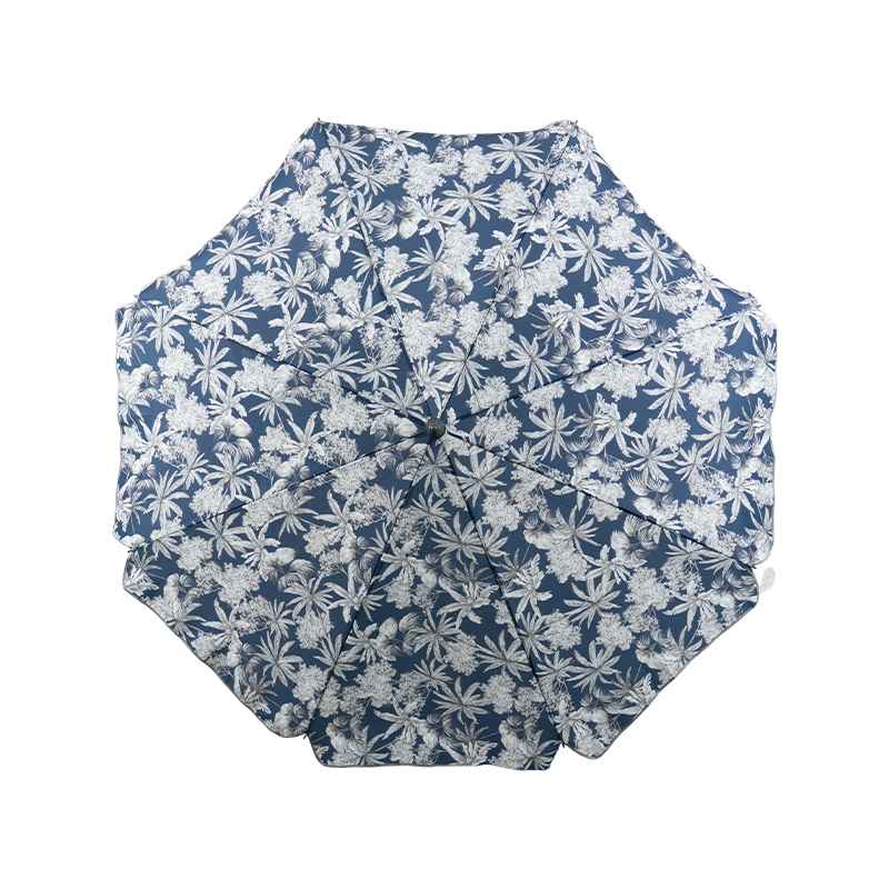 Paraguas de playa de acero con patrón floral azul y poste ajustable